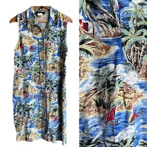 Vintage 80s Blue Hawaiian Collared sleeveless Midi Dress Size 14 Made in USA